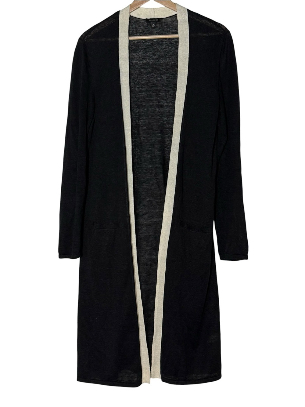 Talbots Linen Black White Trim Long Open Cardigan Size M Lightweight Office